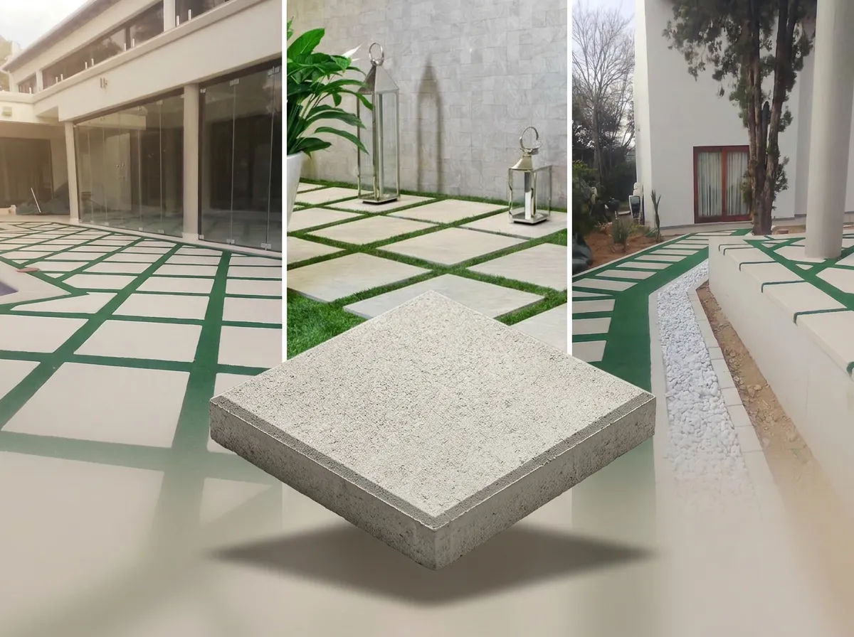 Square paving slabs laid in a grid